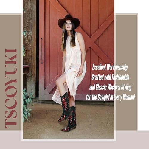 Tscoyuki Women's Rhinestones Western Knee High Boots, Embroidery Pointed Toe Chunky Block Heel Cowboy Cowgirl Mid Calf Boots with Pull On Taps3