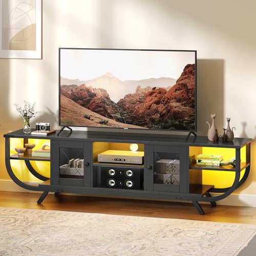 YITAHOME Meuble TV Industriel, Meuble Télé 160 cm Longueur pour Téléviseur Jusqu’à 65 Pouces avec Rangement Spacieux, Éclairage LED RGB, Cadre en...