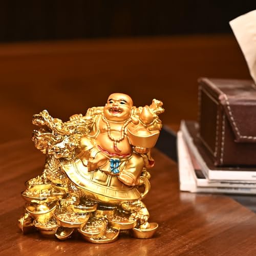 Image of ZAICUS Golden Laughing Buddha on Dragon Tortoise with Ingot - 4.5-Inch Feng Shui Good Luck Statue for Wealth, Happiness, and Prosperity | Decorative Figurine for Home & Office