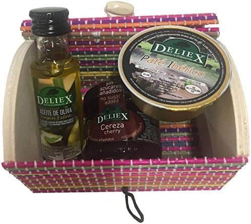 Regalo para invitados a bodas, bautizos o comuniones. Baúl con mermelada de cereza, aceite de oliva y monodosis de paté ibérico