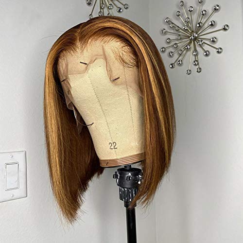 4X4 Highlight 4-27 Lace Closure Wig Short Bob Lace Front Wigs Human Hair Bleached Knots Brazilian Remy Human Hair Wigs Pre Plucked. (10inch, Density 150)
