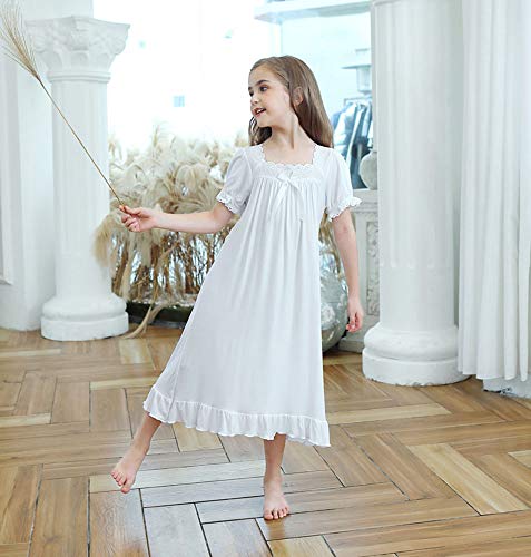 CHUNG Toddler Little Big Girls Modal Nightgowns Soft Princess Short Sleeve Round Square Neck Long Sleep Dress Vintage…4