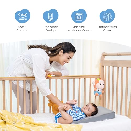 Image of Cherilo Standard Elevated Wedge Pillow for Baby Crib & Mattress, Elevate Baby to Prevent Acid Reflux, Colic, GERD, Heat Burn & Vomiting | 14 inch x 19 inch x 3.5 inch | - with Removable Velvet Cover - Grey