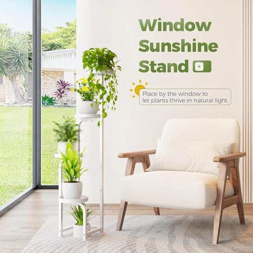 Image of Snazzy Corner Plant Stand Indoor Outdoor, Tall Metal Flower Pot Stands for Multiple Plants, 4 Tier White Heavy Duty Plant Shelf for Patio Garden Balcony Living Room Bedroom