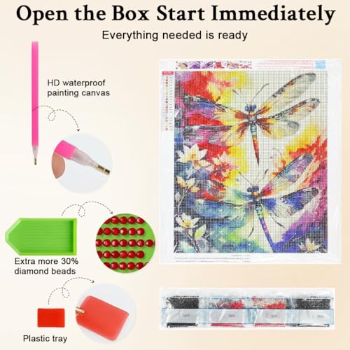 Image of HASTHIP DIY Diamond Painting Kit, Colorful Dragonfly DIY Diamond Art Canvas with Resin Rhinestones, Watercolor Floral Full Drill Craft Set, Sparkling Wall Decor Handmade Gift Kit, 40x30cm, No Frame