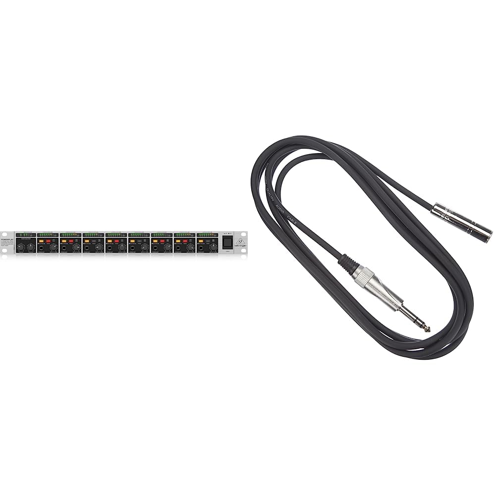 Behringer POWERPLAY HA8000 V2 Amplificatore di missaggio e distribuzione per cuffie ad alta potenza a 8 canali & Stagg SAC3PSJS DL Cavo S Serie Prolunga con Jack Stereo Audio per Cuffie, 6,3 mm, 3m