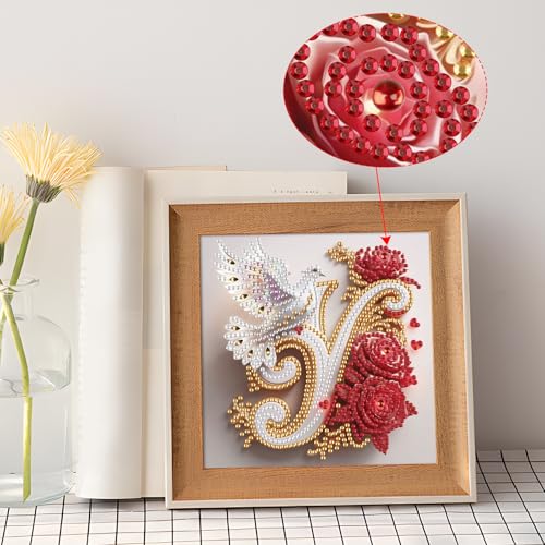 Image of AiYuanzsh 5D Diamond Art Kits for Adults Letter Y, Youthful Floral Rose & Dove Special Shape Diamond Painting, Initial Diamond Art for Adults DIY Crystal Rhinestones Wall Decoration 17x17cm