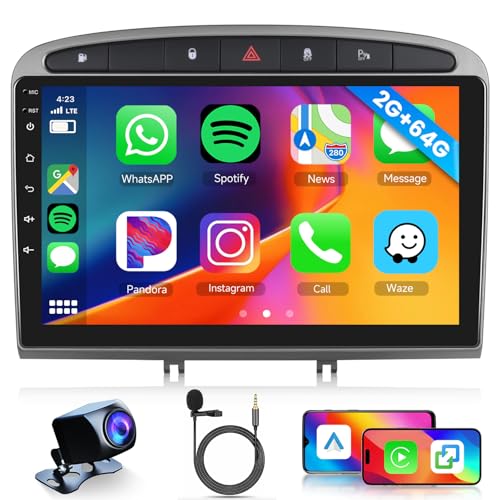 Hodozzy 2G+64G Radio para Peugeot 308 408 2007-2015 con Carplay Android Auto Mirrorlink Inalámbrico, Radio Coche 9 Pulgadas Pantalla Táctil GPS Bluetooth WiFi EQ/DSP FM/RDS, Control del Volante