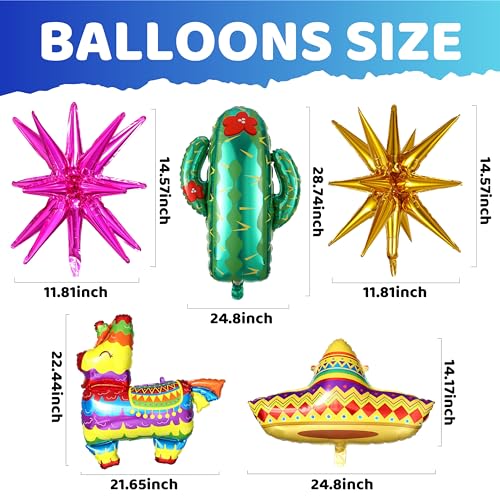 Image of Mexican Fiesta Party Decorations, 144Pcs Cinco De Mayo Rainbow Balloons Arch Garland Kit Cactus Llama Sombrero Explosion Star Foil Balloons for Taco Twosday Carnival Hawaii Tropical Birthday Party