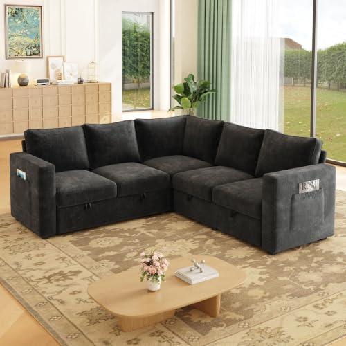 Image of 83.5 inch Chenille Sectional Sleeper Sofa Pull Out Couch with Storage Dark Gray | 5 Seat Comfy Couches for Living Room, Apartments, or Guest Spaces; Sectionals Modular Sofa Design, Comfortable Seating.