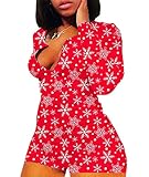 Picture of Women's One Piece Christmas Snowflake Print Shorts Romper Long Sleeve Xmas Homewear Pajamas (Red-Snowflake, L)