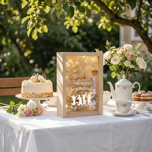 Jugendweihe Geschenke, Geldgeschenk Jugendweihe für Mädchen und Jungen, Alles Gute zur Jugendweihe Deko, inklusive Getrocknete Blumen, Holzbox, Kunststoff Reagenzglas, Lichterketten
