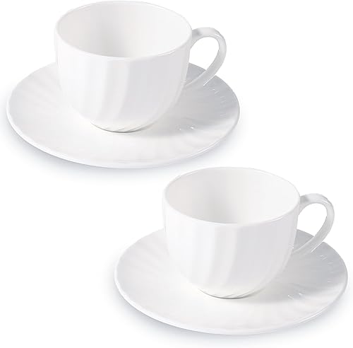 Juego de 2 tazas de capuchino de porcelana fina con patrón en espiral de 7 onzas, cerámica ligera, tazas de café artístico con platillos, para
