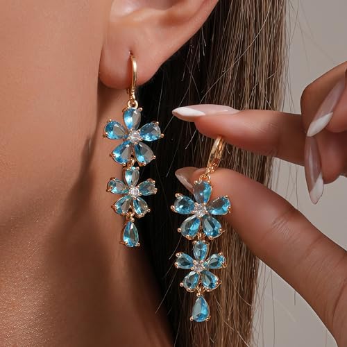 Vuskdtei18K Gold Plated Flower Dangle Earrings for Women, Hypoallergenic Cubic Zirconia Earrings, Elegant Chandelier Drop Earrings, Statement Jewelry Gifts Fashion3