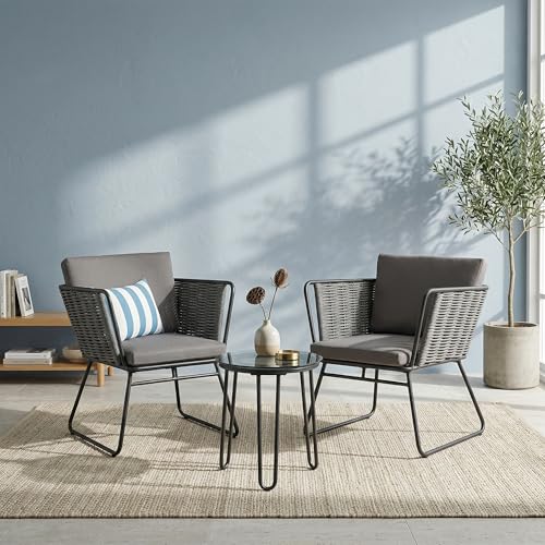 Image of BRISHI Garden Patio Seating Chair and Table Set Outdoor Balcony Garden Coffee Table Set Furniture with 1 Table and 2 Chairs Set with Cushion Braid & Rope (Dark Grey)