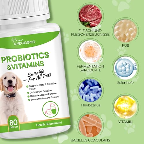Probiotika Hund, Probiotika Katze, Darmflora Aufbauen Hund und Katzen, 80 Tabletten, Vitamin A, Vitamin B1, Vitamin B2, Fördert Die Verdauungsgesundheit und Beugt Fettleibigkeit Vor, Katzen und Hunde