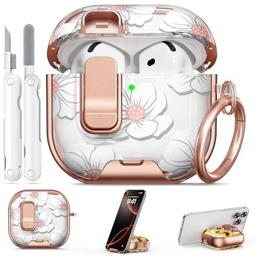 Image of for AirPods 4 Case, with Safty Lock & Phone Stand for Floral AirPods 4th Generation Case Cover for Women Girly, iPod 4 Case with Keychain & Cleaner Kit -White Lily