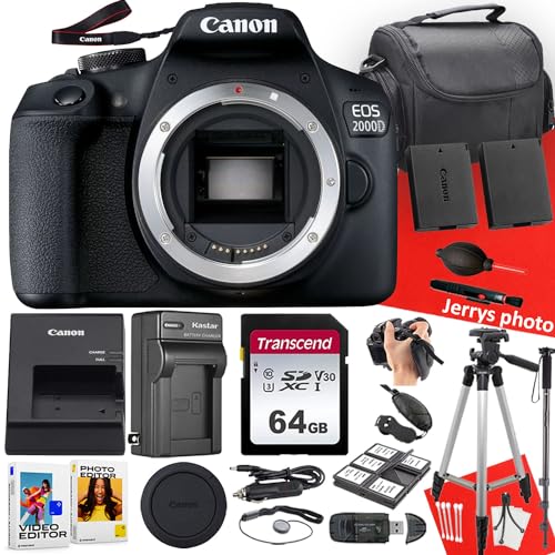 Canon EOS 2000D / Rebel T7 DSLR Camera (Body Only) + 64 GB Memory + Tripod + Monopod + Extra Battery + More (21pc Bundle) (Renewed), Black