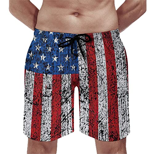 Youth Swim Trunks, Distressed American Flag Vintage Americana Stars and Stripes Beach Shorts Relaxed Fit Beach Surfing Drawstring Beach Bathing Suits Pant with Pockets Lining 2XL