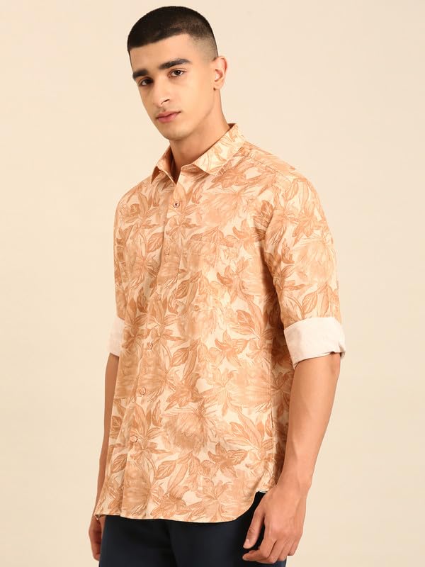 Image of Cavallo by Linen Club Men's Blended Linen Red Printed Contemporary Fit Full Sleeve Casual Shirt