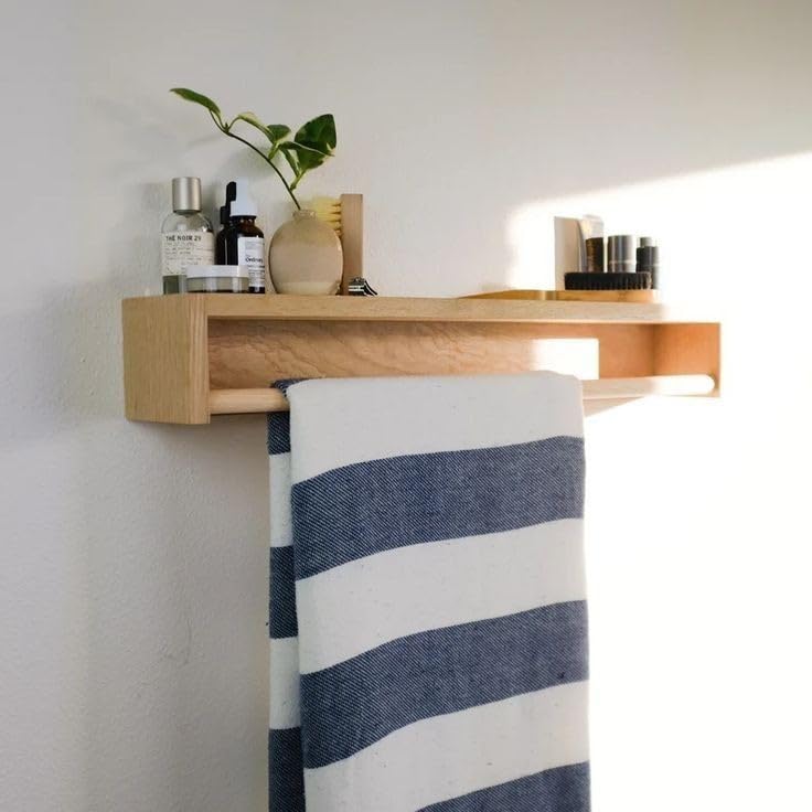Image of Wooden Wall Shelf with Towel Rack, 60 cm, Teak Finish, Modern Bathroom Storage