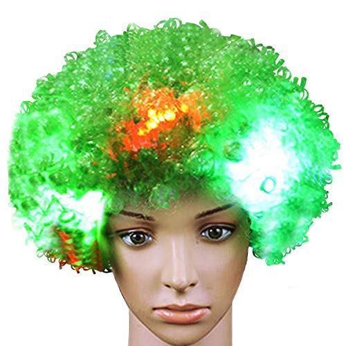 LACGO LED Cosplay Flashing Wig, Short Curls Hair Wave Head Cute Decor, Glowing Costume Funny Clown Make up Carnival Concert World Soccer Cup Headgear Christmas(Green, 1Pc)