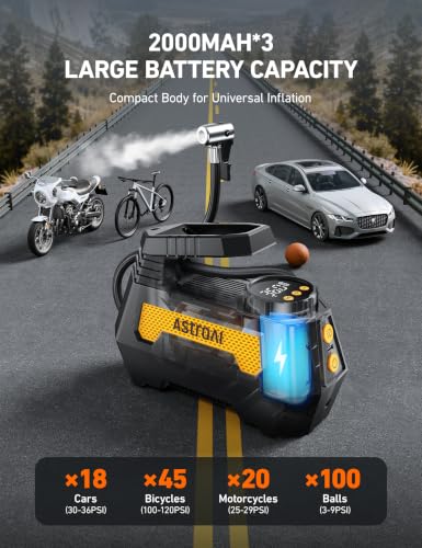 Image of AstroAI H2 Pro Tire Inflator Portable Air Compressor Fully Upgraded Air Pump with DC 12V /Battery Dual Power Supplies Digital Pressure Gauge Fast Inflation Pump for Gift Cars Motorcycles Bikes Yellow