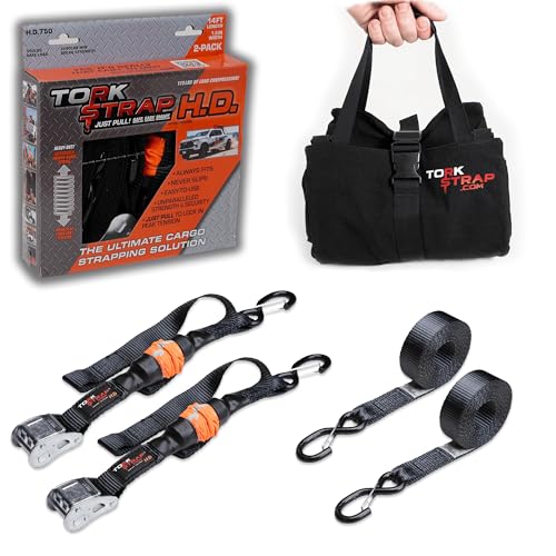 TorkStrap HD750 Bundle | 14' x 1.5'' Heavy Duty Spring Loaded Tie Down Straps with Carry Bag - 2,250LB Max Load - Just Pull Alternative to Ratchet Straps - Integrated Soft Loops (2-Pack)
