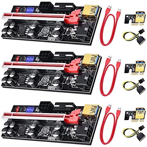 ELIATER PCI-E Riser 1X to 16X Graphics Extension Cable for Bitcoin Litecoin ETH Coin Mining, 4 Solid Capacitors, Two 6PIN and Molex 3 Power Options, 60cm USB 3.0 Cable(VER 009S, 3 Pack) Cover