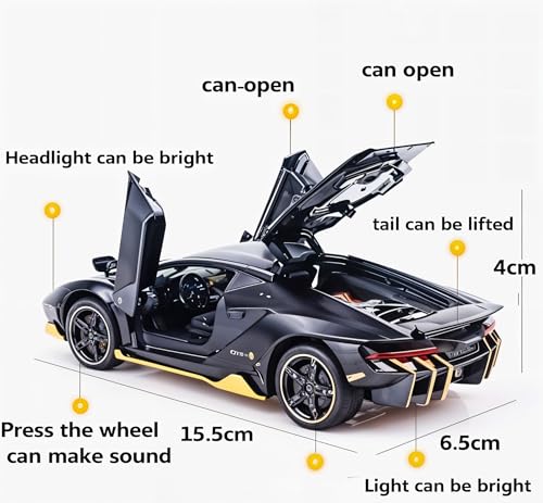 Image of Lamborghini Centenario Die Cast Model Car 1:32 Scale | Pull Back Toy Car with Sound & Light | Openable Doors, Black Gold Collectible Car Toy for Kids Boys Gift