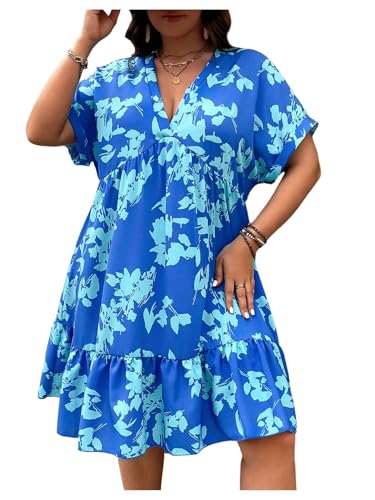Image of Floerns Women's Plus Size Summer Vacation Wrap V Neck Short Sleeve Ruffle Hem A Line Hawaiian Short Dress