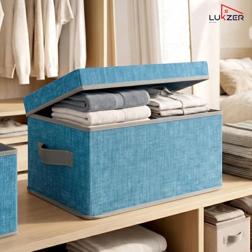 Image of Lukzer 3PC Blue & Grey Foldable Storage Box with Lid & Reinforced Handle | Fabric Wardrobe Clothes Organizer Basket Bin for Sarees, Blankets, Toys, Books & Closet /Almirah Storage (36 x 27 x 20 CM)
