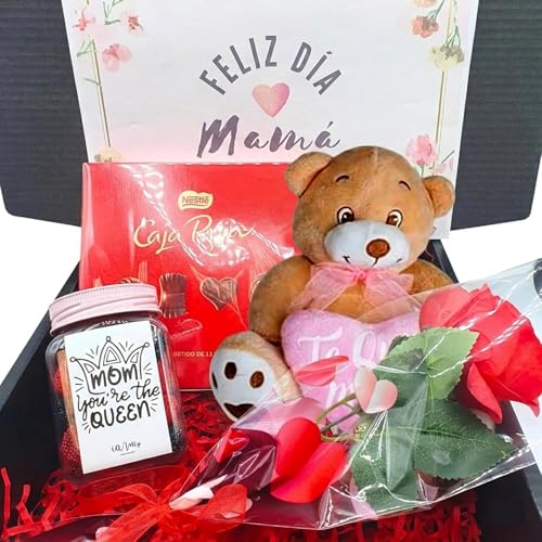 Pack Regalos Originales para Dia de la Madre | Cesta Dia de la madre con Bandeja Bombones Caja Roja + Rosa + Peluche + Frasco de Chuches dia de la Madre | Regalo para Mamá con Bombones