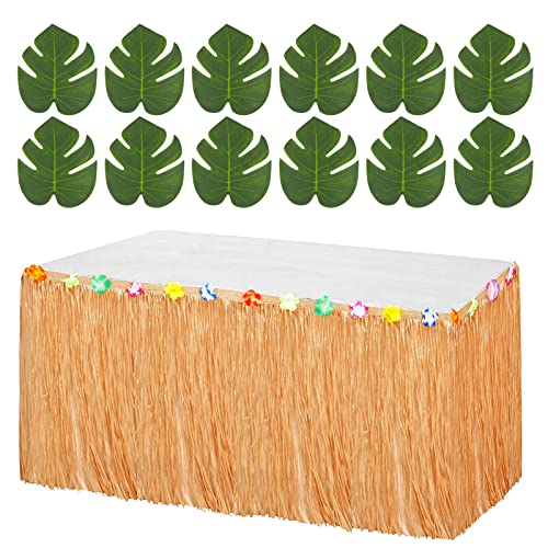 Hawaii Party Tischröcke 276x75cm Gras Tischrock und 12 Pcs Künstliche Palmenblätter Tisch Ornamente Hawaii Tischdekoration für Strandparty Tropische Sommer Party Luao Party Poolparty Aloha Party usw.