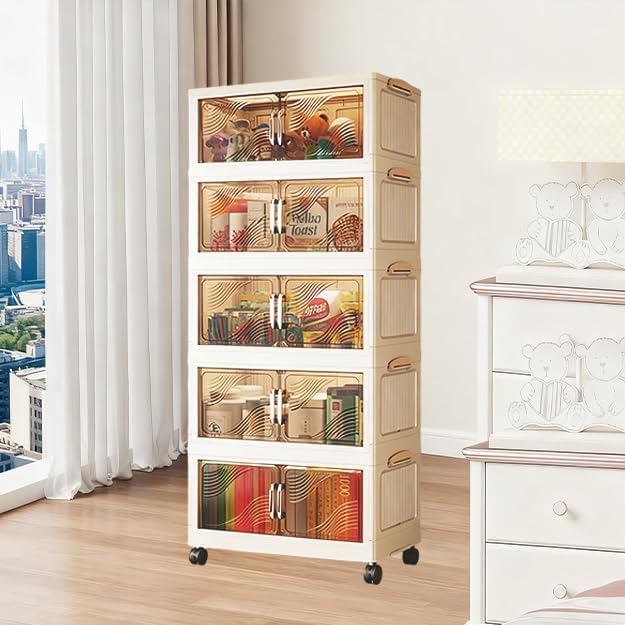 5 Tier Stackable Plastic Storage Bins with Lids Stackable Containers with Wheels and Magnetic Doors Wheels StackableStorage Bins for Living Room,Office,Dorm