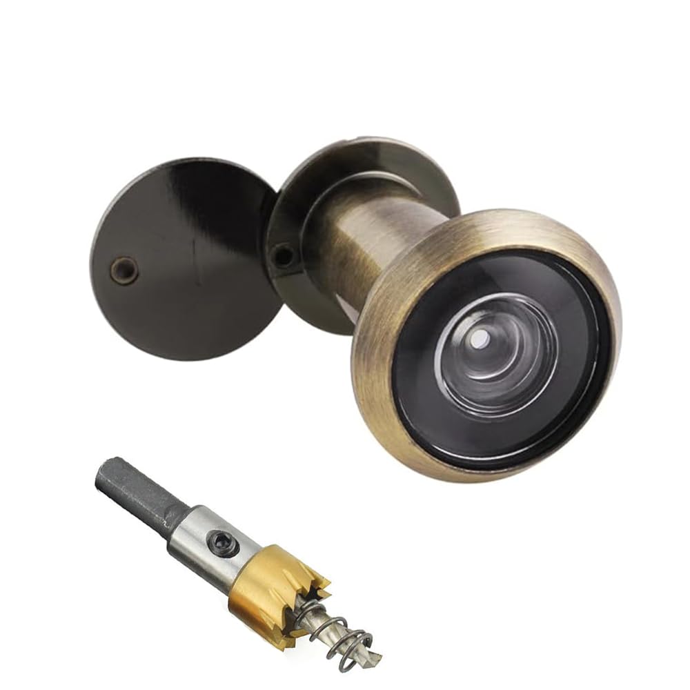 Spioncino in ottone con frangivista, grandangolare 220°, lenti ottiche in vetro, diametro 16 mm, spioncino in ottone con punta a foro con trapano, lunghezza regolabile per porte di 35-60 mm, bronzo