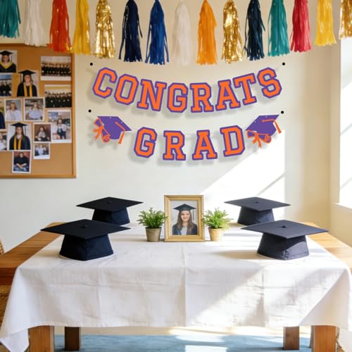 Image of Congrats Grad Banner Graduation Party Banner Decoration Hanging Garland High School College Backdrop Supplies Purple Orange