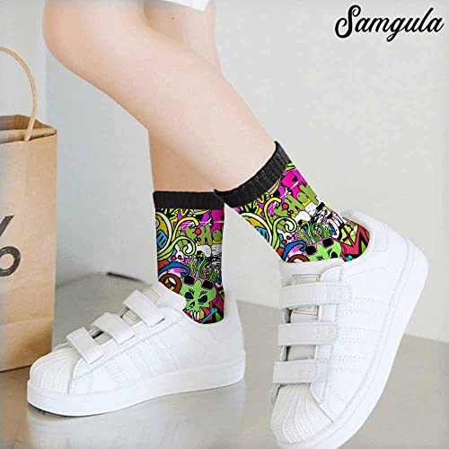 Image of Red Striped Crew Socks for Woman Size 6-8 Christmas Tree Moose Snowflake Dots Lines Girls Socks