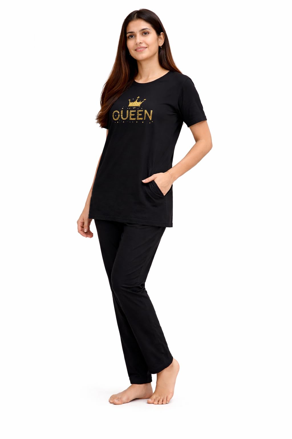 Women's Cotton Night Suit, Long Top and Pajama Set, Round Neck, Short Sleeve,-image-47