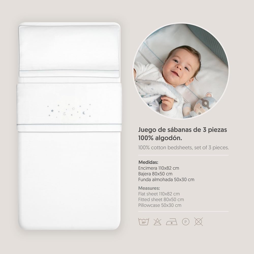 Interbaby - Juego Sabanas Carrito Bebe 40x80 Algodón 100% | Sabana Cuna Franela, Cálida | Incluye Sabana Bajera, Encimera y Funda de Almohada | Ideal para Invierno | Estrellas Luna Blanco/Gris