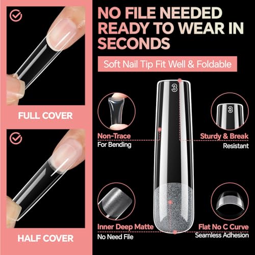 Image of Luckyfairy XXL No C Curve Square Flat Nail Tips, 240pcs Extra Long Straight Tapered Acrylic Gel Fake Nails, Matte Full Cover Clear Press on for Extension Manicure Home DIY 12 Sizes Gelly Tips