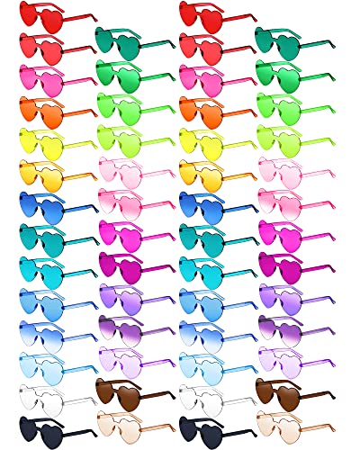 Konohan 54 Pairs Heart Glasses Bulk Valentine Colored Rimless Heart Shaped Frameless Transparent Candy Multicolored Sunglasses for Women Party Eyewear