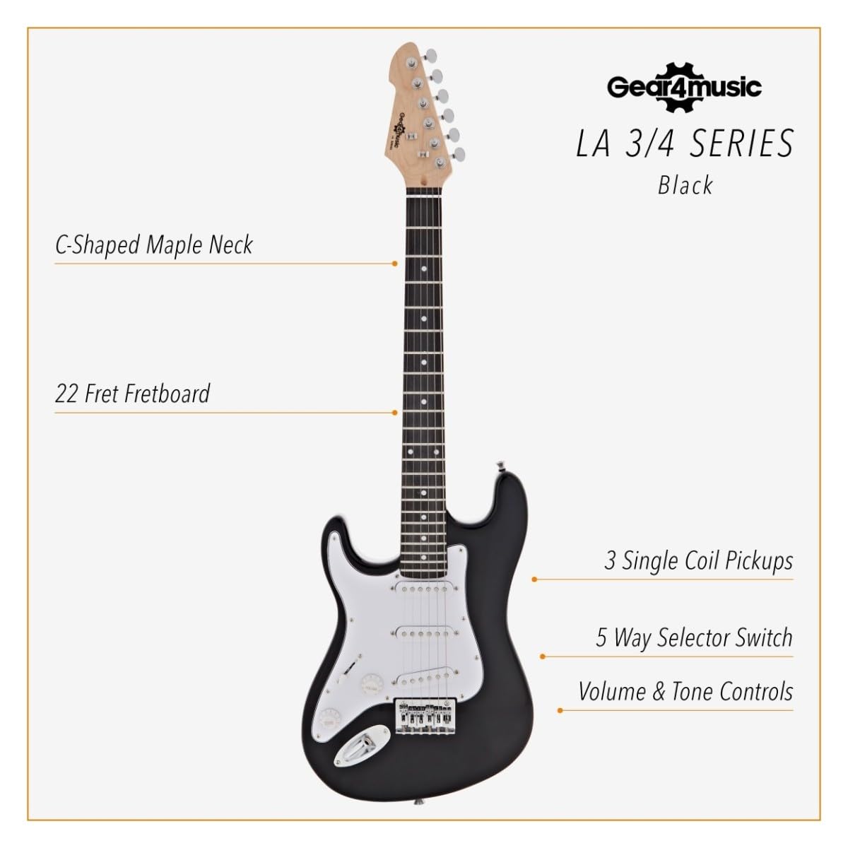 Chitarra Elettrica LA 3/4 Mancina Nera, Ampli 10W e Accessori | Per Giovani Mancini Principianti, Design Confortevole e Facile da Usare, Ampli Portatile con Uscita Cuffie, Custodia Inclusa