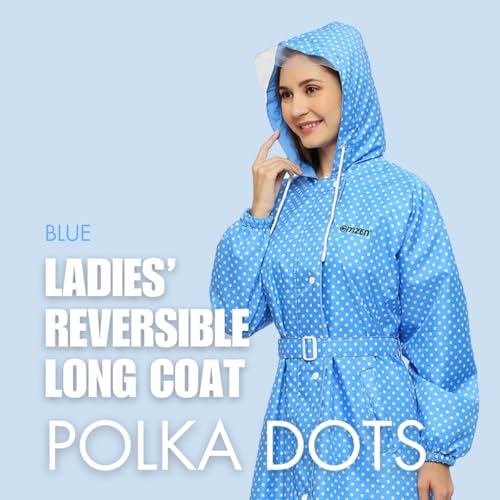 Image of Citizen Polyester Reversible Casual Style Raincoat For Women With Inbuilt Hood,Waist Belt & Matching Carry Pouch|Stylish Polka Dot Design|Durable & Lightweight Rainsuit With High Tearing Strength