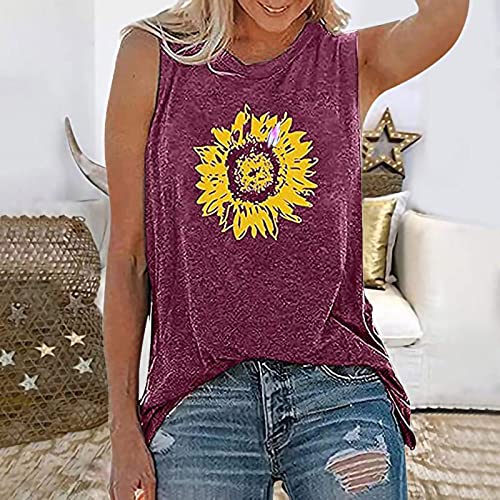 Casual Summer Graphic Tank Tops For Women Sleeveless Graphic Tunic Tops Sunflower Print Pullover Tee Shirts #TOP1