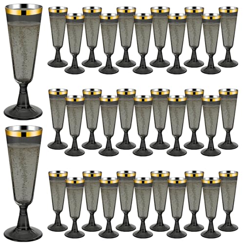 100 Pack Plastic Champagne Flutes Black Disposable Plastic Champagne Glasses with Gold Rim Wine Glasses Cups for Wedding Celebration Birthday Party Wine Tasting New Years Eve Party Supplies