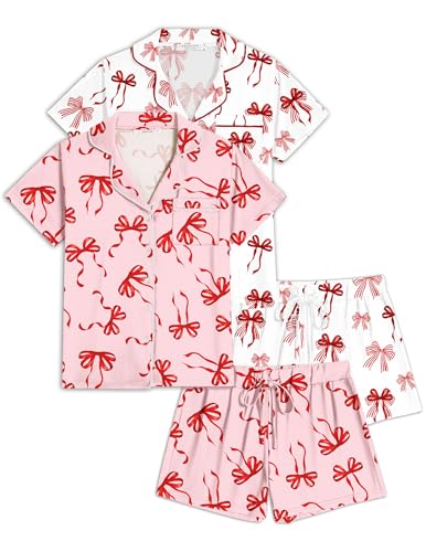 Image of Ekouaer Womens Pajamas Set 2 Pack Button Down Summer Sleepwear Short Sleeve Comfy Pjs Loungewear Set