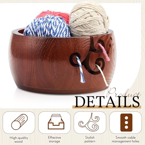 Image of Marsui Wooden Yarn Bowl, 3-Holes Curl Design Knitting Bowl, Knitting Yarn Bowl with Holes Storage, Ideal Yarn Bowl for Knitters, Yarn Bowl for Crocheting and Knitting Mothers Day Gift 6 inch x 3 inch