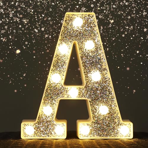 NWLIGHT Light Up Letters, Marquee Light Letters for Table Decorations, Glitter Light Up Signs for Prom, Events, or Engagement Party Decor, Featuring Alphabet & Number Lighted Letter, Letter A