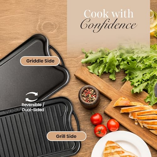 nuovva Cast Iron Griddle Pan for Gas Hob and BBQ Griddle pan Double Sided Pre-Seasoned, Grill Tray, for Healthy and Delicious Cooking, Flat and Ridged Surfaces 50 x 25cm - 4